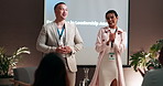 Happy, business people or award with applause for congratulations, announcement or milestone at seminar. Businessman, woman or clapping with smile in staff meeting for trophy or thank you speech