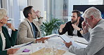 Business people, discussion and meeting for planning, project paperwork and collaboration. Investor, executive director and mature financial manager with budget report for teamwork or global trade