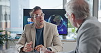 Business people, investor and meeting for talking, project planning and collaboration. Discussion, executive director and mature financial manager with budget logistics for teamwork or global trade