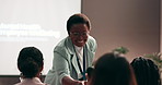 Business people, question and meeting with mic at seminar for presentation, feedback or opinion. Happy, group or employees with smile for social interaction, engagement or talk at open convention