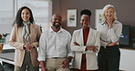 Office, teamwork and happy business people with crossed arms for about us, confidence and company pride. Professional, corporate and portrait of men and women for collaboration, support and growth