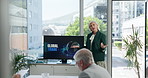 Presentation, global trade and meeting with business people in office for policy agreement, report and seminar. Export logistics, workshop and route planning with employees and computer screen