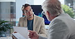 Business people, investor and discussion for paperwork, project planning in collaboration. Meeting, executive director and mature financial manager with budget logistics for teamwork or global trade