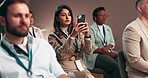 Business woman, conference and mobile for photography, workshop or corporate presentation. Phone, picture and audience at seminar convention for learning, training or share live event on social media