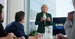 Presentation, global trade and speaker with business people in office for policy agreement, report and seminar. Export logistics, workshop and route meeting with employees and computer screen