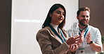 Woman, applause or trophy with award for thank you, congratulations or speech at business seminar. Happy, female person or speaker clapping with smile for milestone, achievement or job promotion