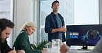 Discussion, global trade and speaker with man in meeting for policy agreement, report or seminar. Export, workshop and logistics presentation with team of business people and computer screen