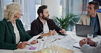 Business people, discussion or paperwork for brainstorming, project or planning in office. Investor, executive director or mature financial manager with sales budget report, teamwork or global trade