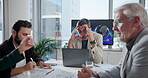 Stress, team and global trade with business people in meeting for profit loss, bankruptcy and seminar. Planning, workshop and stock market crash with employees in office for proposal fail and laptop