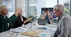 Stress, loss and global trade with business people in meeting for mistake, bankruptcy and seminar. Planning, workshop and stock market crash with employees in office for fail, bad news and laptop