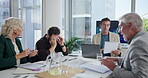 Stress, crisis and global trade with business people in meeting for documents, bankruptcy and loss. Planning, workshop and stock market crash with employees in office for fail, bad news and laptop
