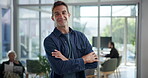 Happy, face and man with arms crossed, business and confident for career growth in company. Creative, ambitious and person in agency, smile and opportunity for media strategist or public relations