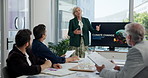 Presentation, climate change and planning with business people in office for environment, report or seminar. Sustainability, workshop and conservation with employees in meeting and computer screen
