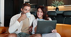 Laptop, talking and coffee with couple on sofa for joint bank account, savings fund and planning. Morning, loan application and credit sign up with man and woman in living room at home for research