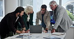 Meeting, group and colleagues with laptop, boardroom and discussion for global trade with tech or plan. Online, international business and ideas for foreign direct investment, trader and economy
