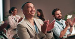 Happy, businessman and meeting with applause for presentation, well done or team promotion at seminar. Male person, group or audience clapping with smile for good job, thank you or congratulations