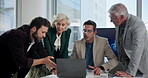 Discussion, group and colleagues with laptop, boardroom and meeting for global trade with tech or plan. Online, international business and ideas for foreign direct investment, trader and economy