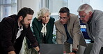 Planning, group and colleagues with laptop, boardroom and discussion for global trade with tech and online. Meeting, international business and ideas for foreign direct investment, trader and economy