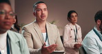 Businessman, listening and talking with group in seminar for collaboration, ideas or proposal at office. Man, employee or staff asking question with feedback in meeting for interaction or engagement