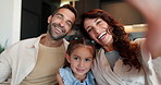 Happy family, face and picture with memory on sofa for bonding, holiday or weekend together at home. Portrait, man or woman with daughter, child or smile for capture moment or photography at house