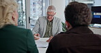 Business people, signature and meeting for contract, negotiation paperwork and collaboration. Investor, executive director and mature financial manager in office for budget funding or global trade