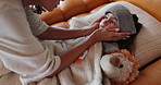 Thermometer, sick and mother with girl, home and wellness with treatment for disease. Apartment, single parent and family with mama, daughter and illness with allergies, recovery and checking kid 
