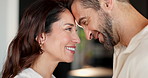 Forehead, house and couple with romance, smile and bonding together in living room. People, apartment and man with woman, relationship and marriage with trust, humor and affection with love and funny
