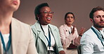 Seminar, answer and business woman in crowd with applause for announcement at event in office. Clapping hands, audience and female hr manager with group for information at corporate conference.