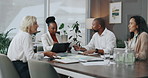 Business people, meeting and team with planning for project and cooperation with ad agency. Employees, seminar or workshop for skills, feedback for sales growth and documents with discussion or tech