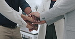 Group, hands and stack with motivation in office with solidarity, support and connection at startup. People, lawyers and team for synergy, link and trust in huddle for celebration, goals or career