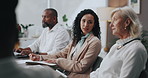 Meeting, discussion and business woman in office for panel board, planning and proposal. Workshop, teamwork and training seminar with group of people in boardroom for feedback, listening and learning