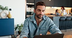 Man, typing and laptop of remote work at house for communication, editing blog and article feedback. Male writer, thinking and online of research, reading email and proposal idea of publishing agency