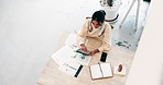 Business woman, documents or analytics with tablet for company performance or statistics above at office. Top view, female person or financial analyst on technology for data review, profit or revenue