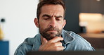Thinking, man and laptop for remote work at house for planning, editing blog and article solution. Male writer, ideas and online with research, email feedback and proposal update of publishing agency