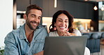 Laptop, excited and planning with couple in kitchen for trading comparison, research and investment choice. Discussion, profit and stock app sign up with man and woman at home for asset management