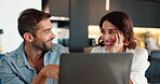 Laptop, support and research with couple in kitchen for joint bank account, savings fund and planning. Morning, loan application and credit sign up with man and woman at home for show and register