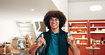 Delivery man, face and happy with shaka sign at cafe for courier pickup, food collection or positive energy. Small business, bike service and person with greeting for friendly hospitality or takeaway