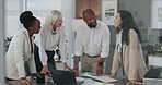 Business people, meeting and laptop with conversation for project and cooperation with sales increase. Employees, internet or discussion for skills, ad campaign or documents with computer or research