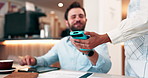 Happy man, waiter or customer with phone on pos machine at cafe for payment or wirelesss transaction. Male person, purchase or mobile smartphone with tap for fintech, drink or checkout at coffee shop