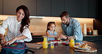 Happy family, child or morning with bag for school, breakfast or getting ready together in home kitchen. Mom, dad or daughter with lunch, meal or food in preparation for kindergarten snack at house