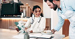 Woman, tablet and waiter with serving food at restaurant for friendly service, tortilla wrap order or lunch break. Hospitality, customer and barista with healthy meal for local support or remote work