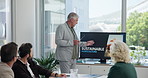 Man, presentation and screen for sustainability, agriculture and plan for climate change in boardroom. Leader, speaker and discussion with eco friendly solution for farming, animal or food production