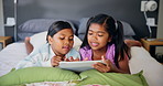 Relax, happy and children on tablet on bed for online entertainment, watching cartoons and games. Family home, siblings and sisters on digital tech for streaming videos, bonding or playing in bedroom