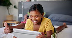 Relax, happy and kids on tablet on bedroom for online entertainment, watching cartoons and movie. Family home, siblings and sisters on tech for streaming videos, bonding and playing games on bed