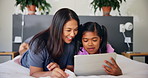 Tablet, mother and child in bedroom for relax, scroll ebook and conversation together in family home. Kid, girl and mom with digital technology for learning online, game app and streaming cartoon