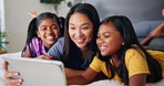 Tablet, mother and conversation with children in home for movie choice, ebook or show in family bedroom. Sisters, girls and happy mom with technology for learning online, game app and watch cartoon