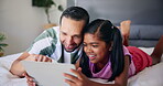 Laughing, dad and child with tablet, watching and bonding with cartoons in home, online and streaming. Digital, father and daughter with tech for funny videos, pointing and entertainment for family