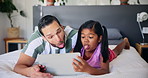 Home, father and child with tongue out for selfie, silly faces and bonding together in bedroom. House, dad and girl with photography for social media, profile picture and goofy emoji  for expression