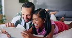 Tablet, father and kid laugh in bedroom for movie, comedy show or watch cartoon together in family home. Child, girl and dad with digital technology for learning online, game app or scroll funny gif