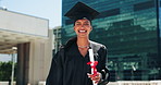 Happy, graduation and face of woman in city with degree, certificate or diploma scroll. Education, excited and portrait of female graduate with university achievement, goal or target in town.